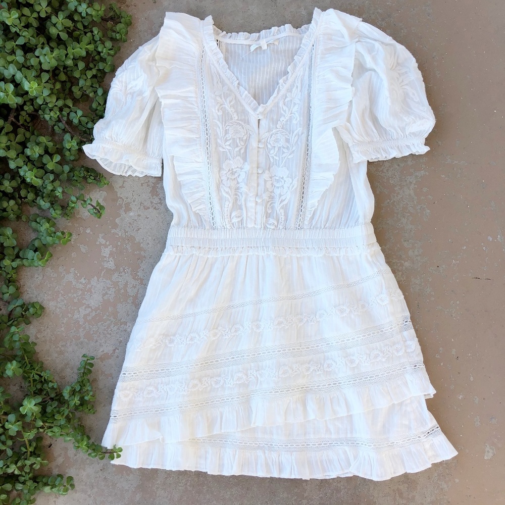 LoveShackFancy White Embroidered Ruffled Mini Dress